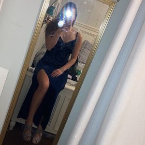 Long Navy Blue Velvet Formal Dress